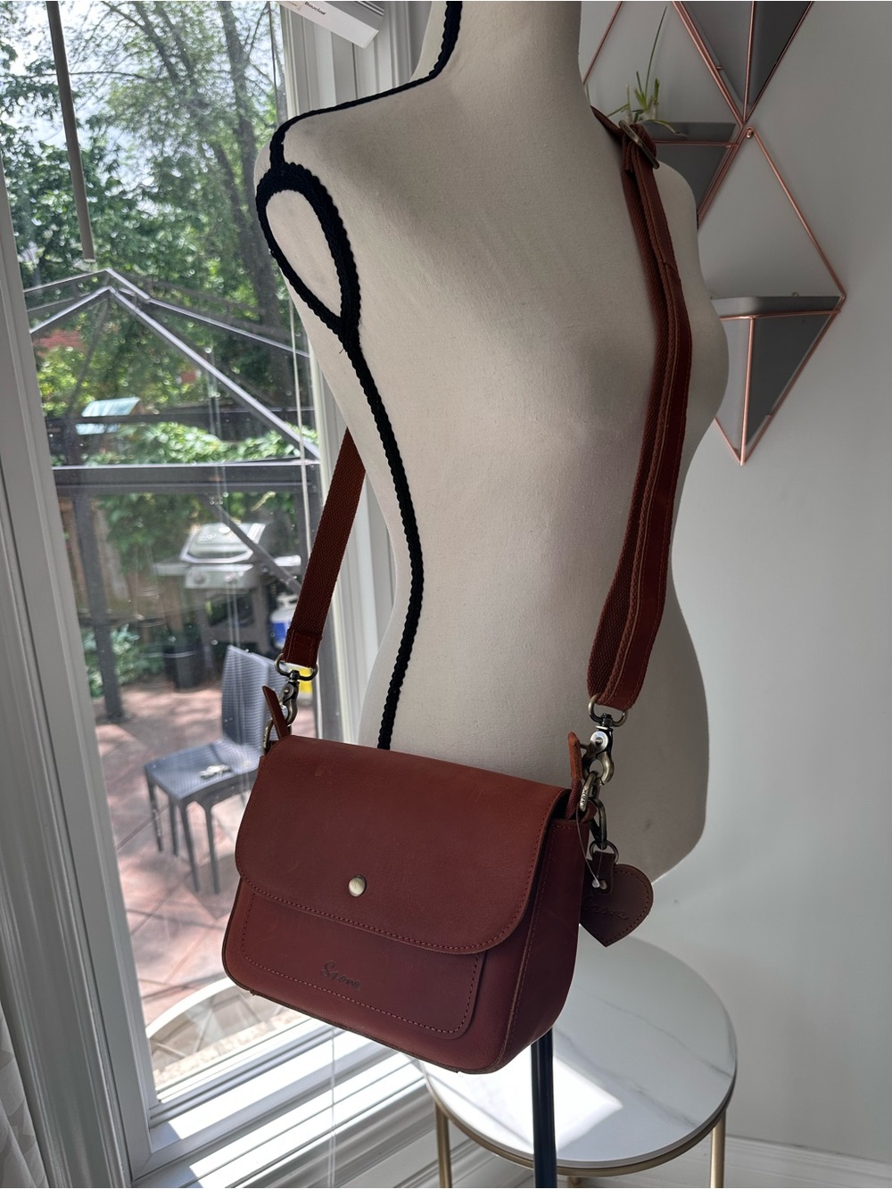 S-ZONE Genuine Leather Crossbody Shoulder Bag Purse Cognac Brown Brass Hardware